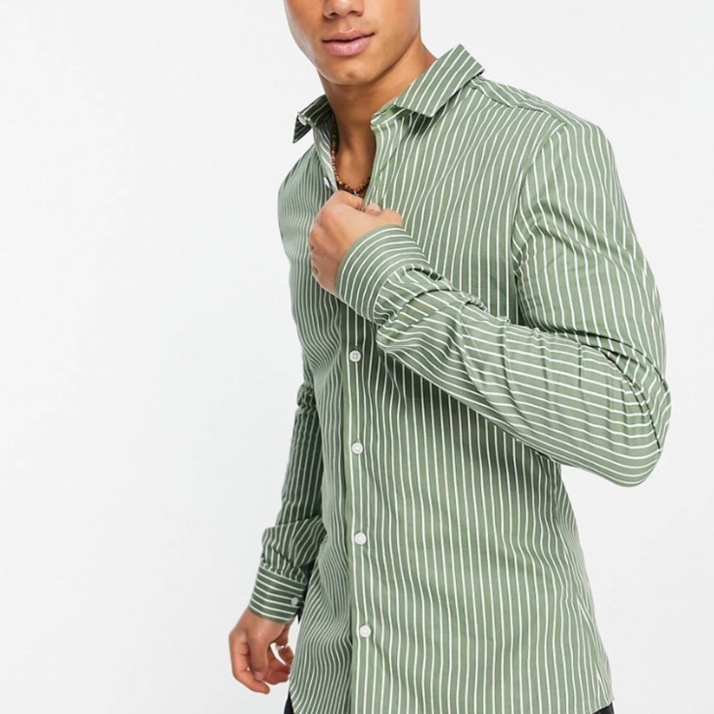 ASOS DESIGN dark green striped button down shirt. Skinny long sleeve